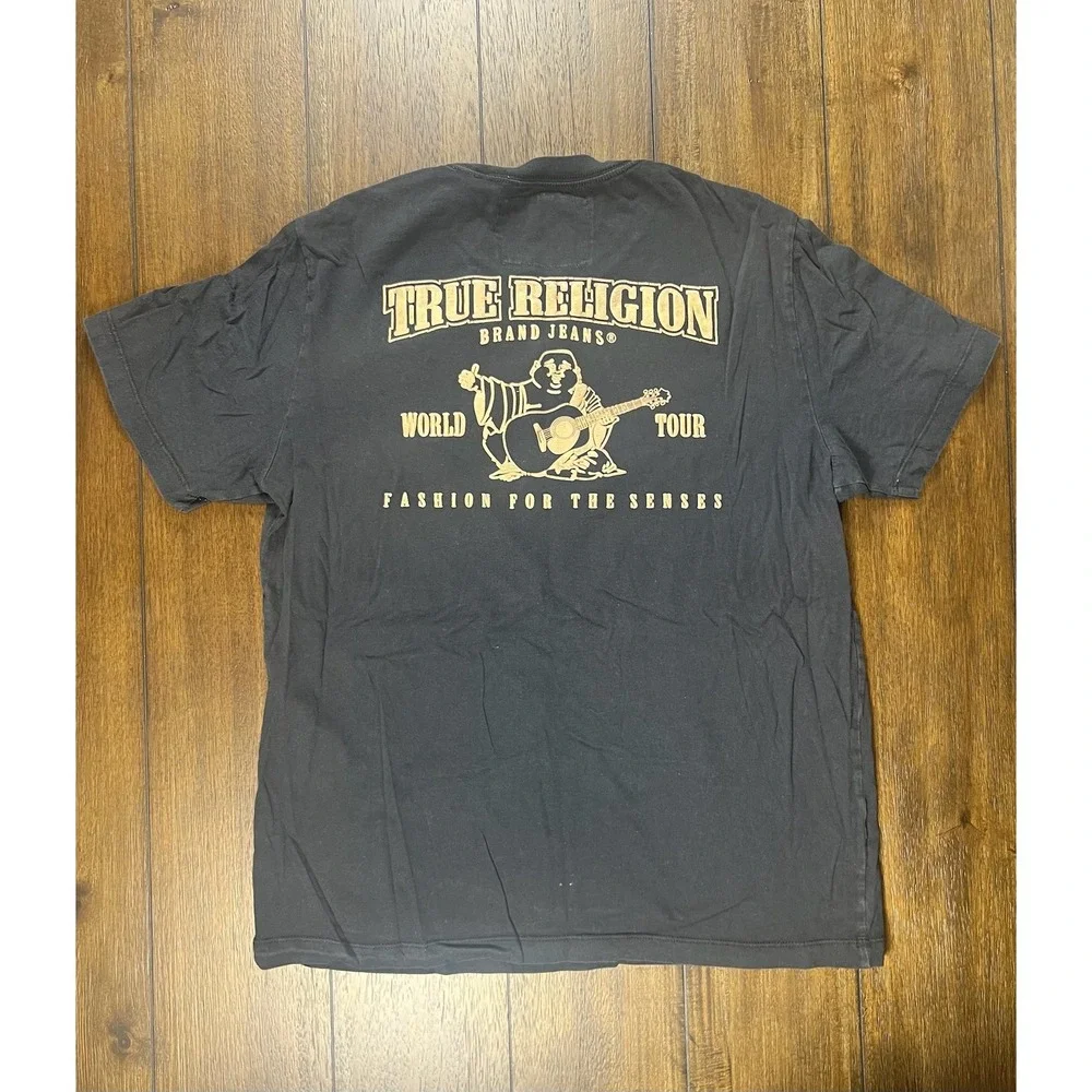 True Religion Mens World Tour Buddha Graphic T-Shirt Black Gold Size M Short Slv